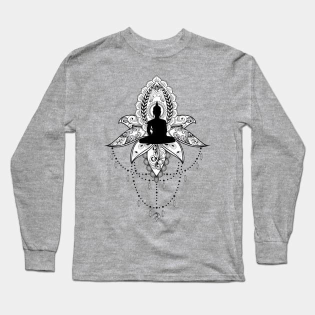 Wonderful lotus with buddha, black and white, zentangle Long Sleeve T-Shirt by Nicky2342